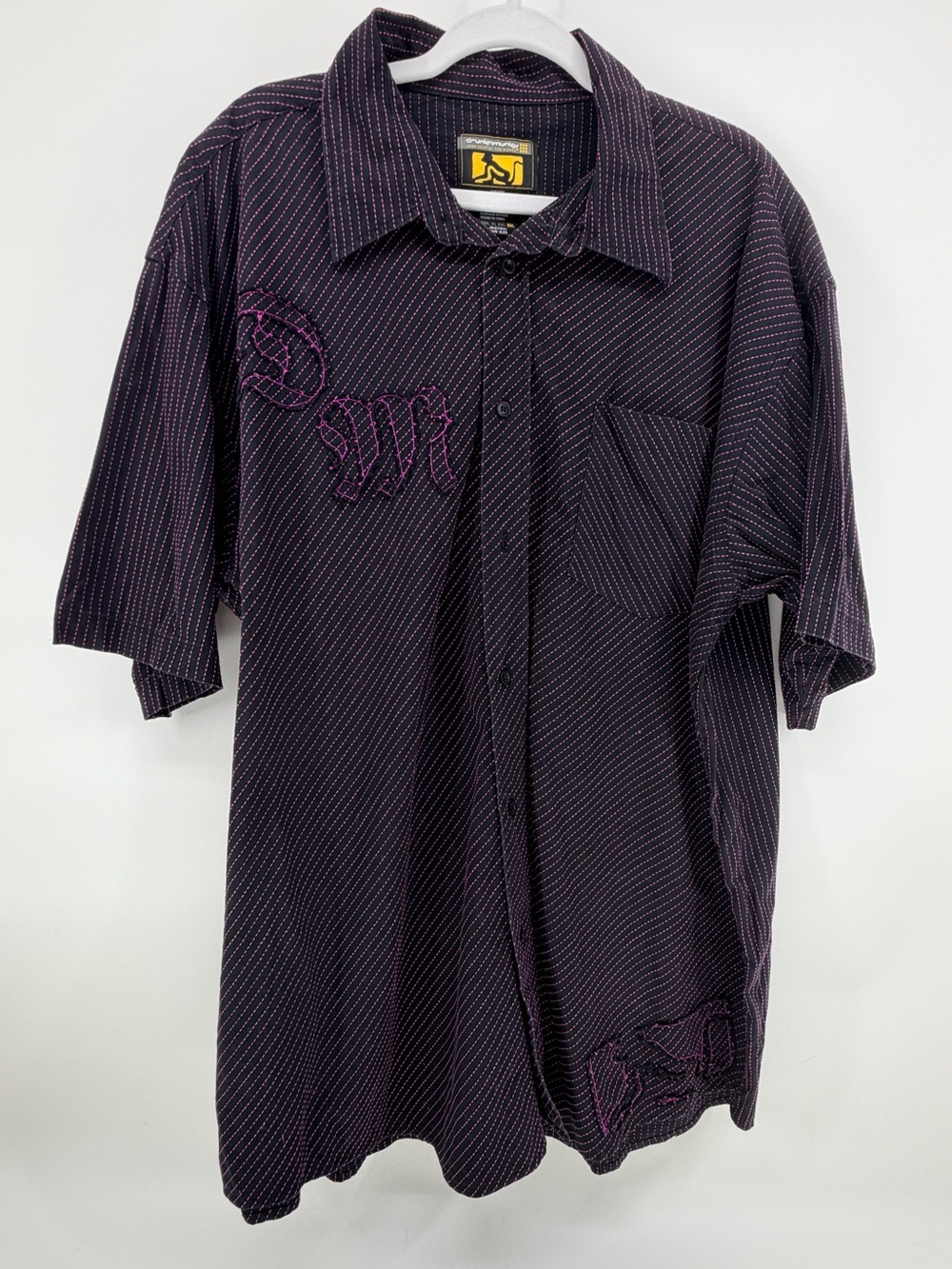 DrunknMunky Y2K Streetwear hip hop Pink Pinstripe Embroidered Shirt Men 3XL